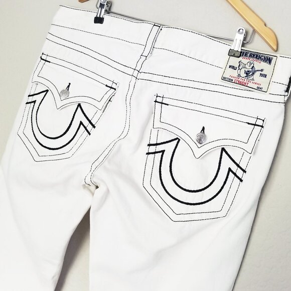 True Religion Men's 40 Straight Leg Jeans Optic White Blue Stitch Flap Raw Hem - Picture 4 of 16